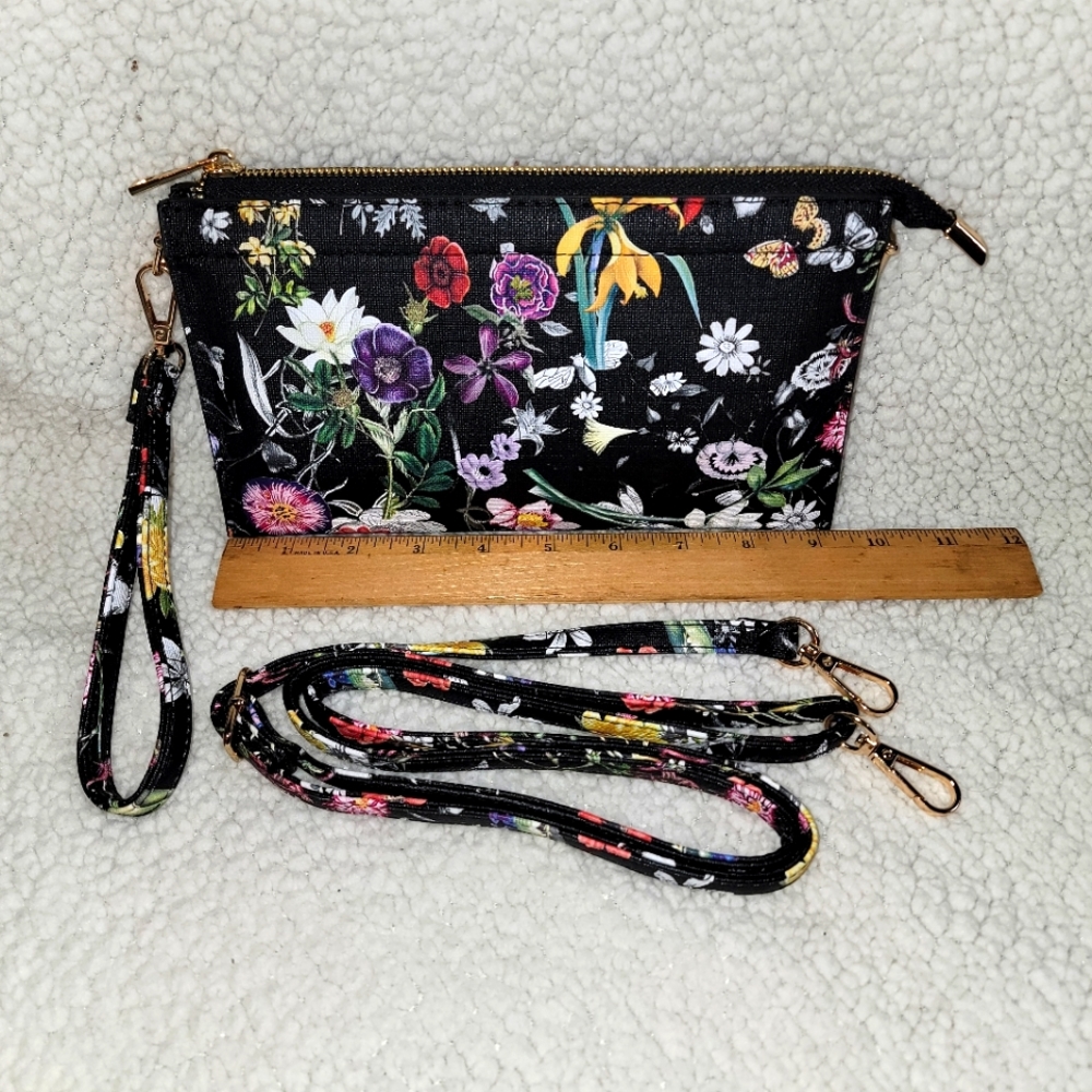 Multi Floral Midnight Garden Crossbody Wristlet Purse Pocketbook Handbag NEW - Picture 1 of 8